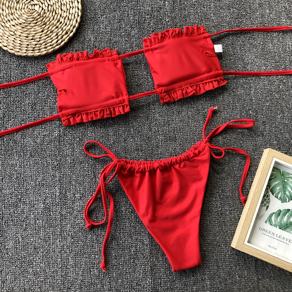 Frill Trim Ruched Bikini Set - Pahabu - Women's Clothing & Shop