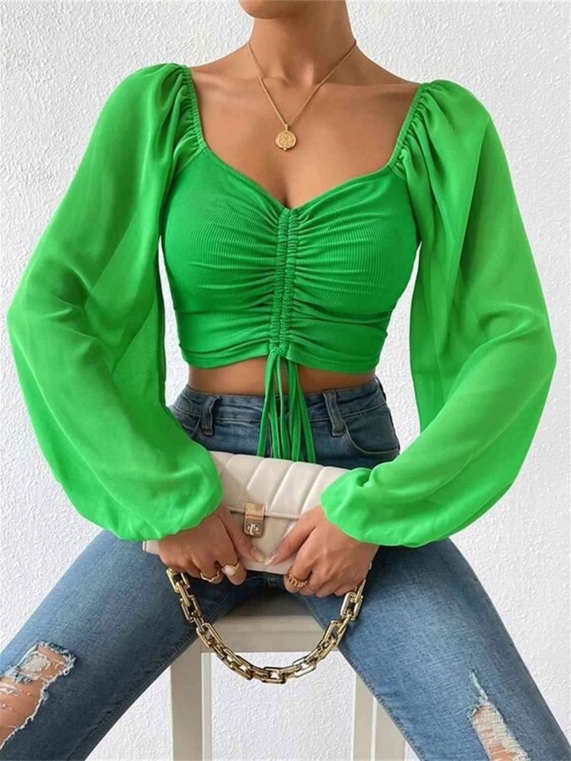 Drawstring Sweetheart Neck Cropped Top - Pahabu - Women's Clothing & Shop