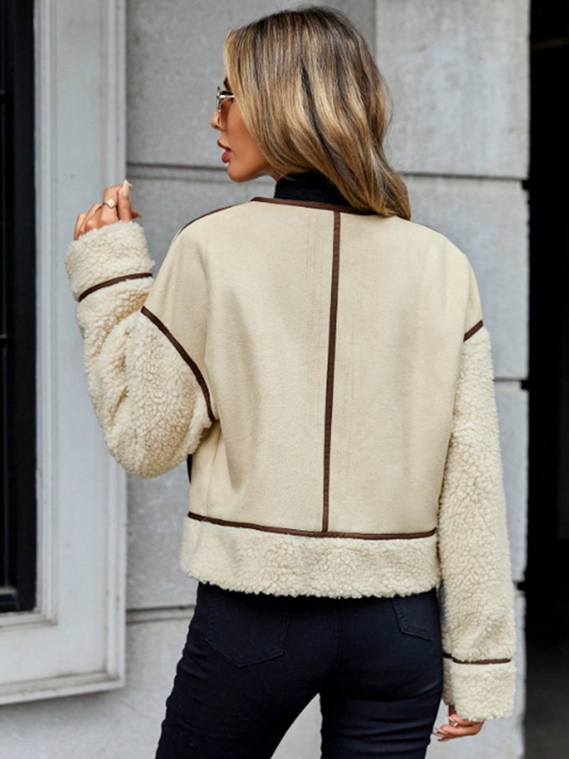 Contrast Trim Zip Up Sherpa Jacket - Pahabu - Women's Clothing & Shop