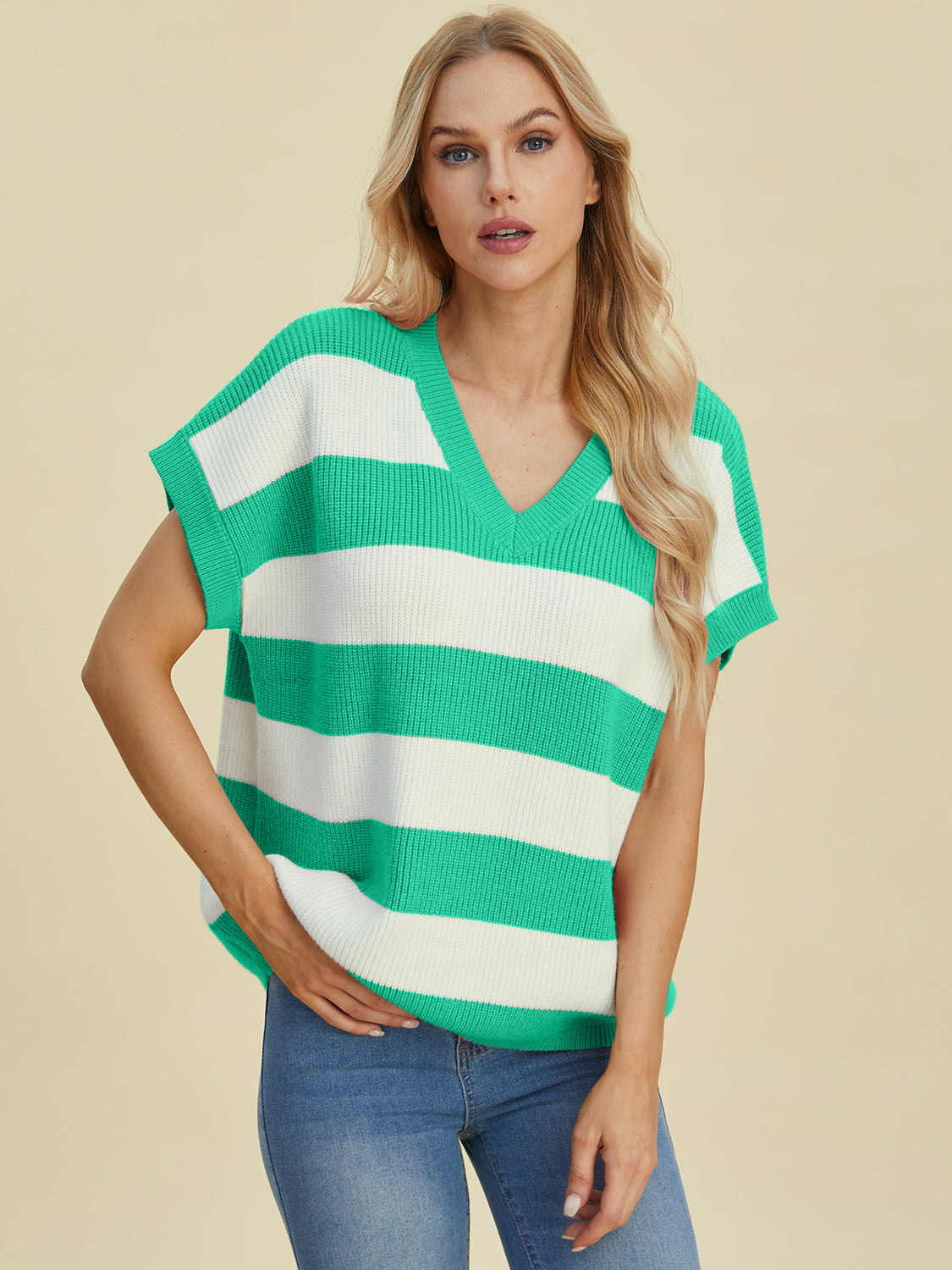 Double Take Full Size Striped V-Neck Short Sleeve Sweater - Pahabu - Women's Clothing & Shop