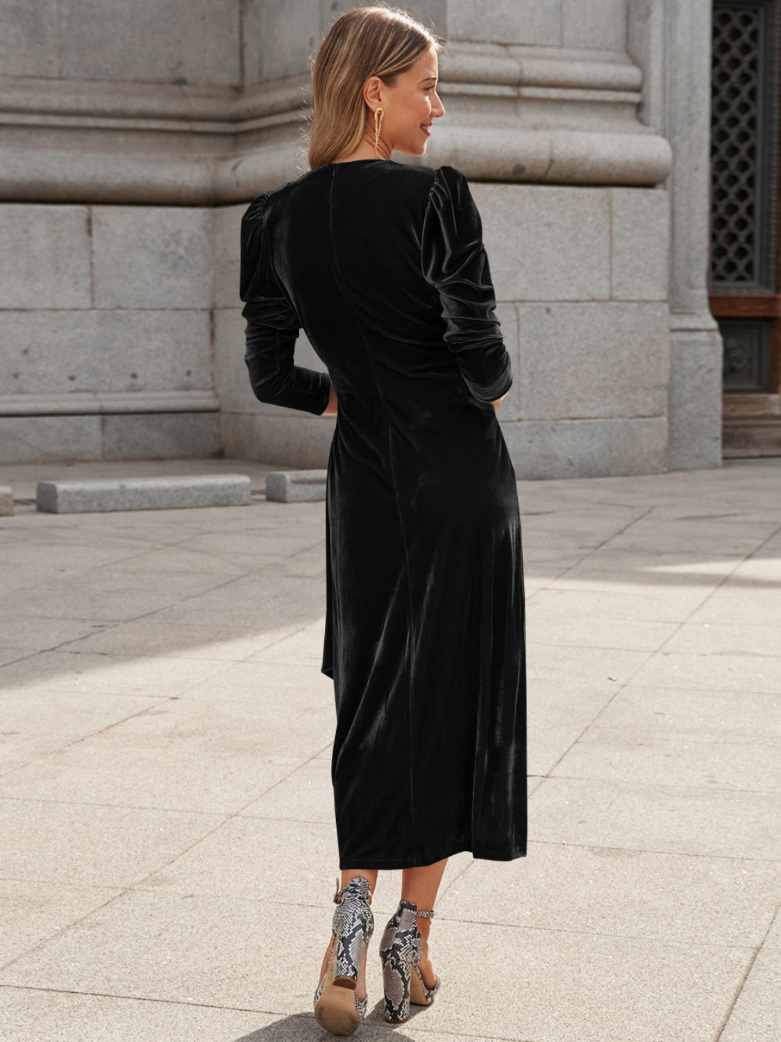 Surplice Puff Sleeve Midi Dress - Pahabu - Women's Clothing & Shop