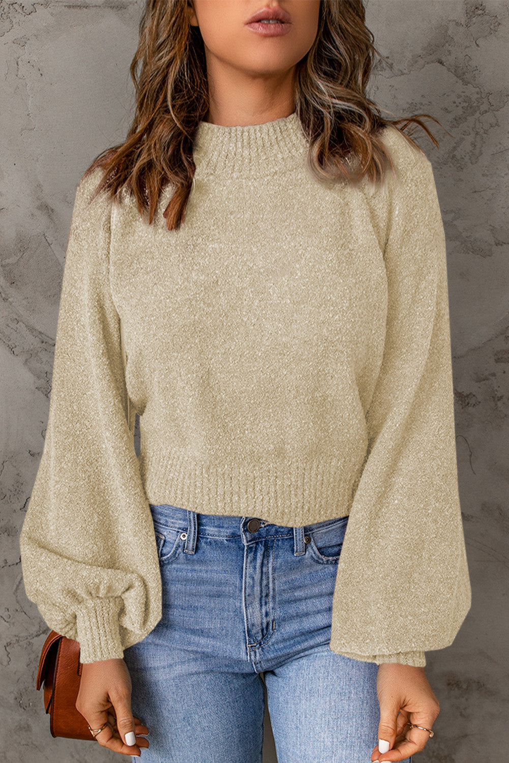 Ribbed Trim Balloon Sleeve Sweater - Pahabu - Women's Clothing & Shop