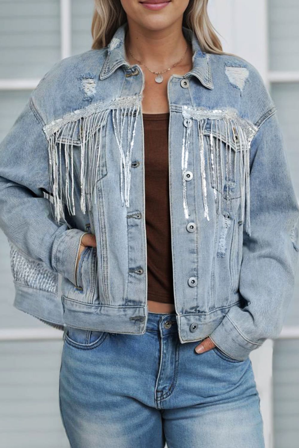 Sequin Fringe Trim Distressed Button Up Denim Jacket - Pahabu - Women's Clothing & Shop