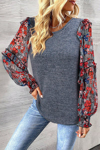 Heathered Floral Frill Lantern Sleeve Blouse - Pahabu - Women's Clothing & Shop