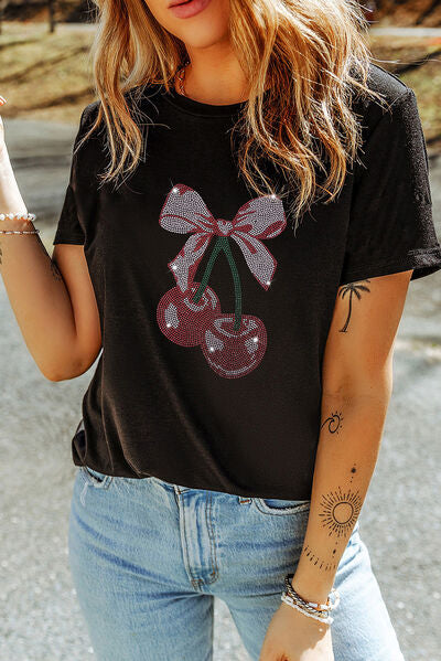 Cherry Graphic Round Neck Short Sleeve T-Shirt - Pahabu - Women's Clothing & Shop