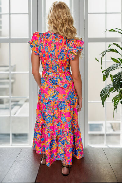Printed V-Neck Cap Sleeve Pocketed Midi Dress - Pahabu - Women's Clothing & Shop