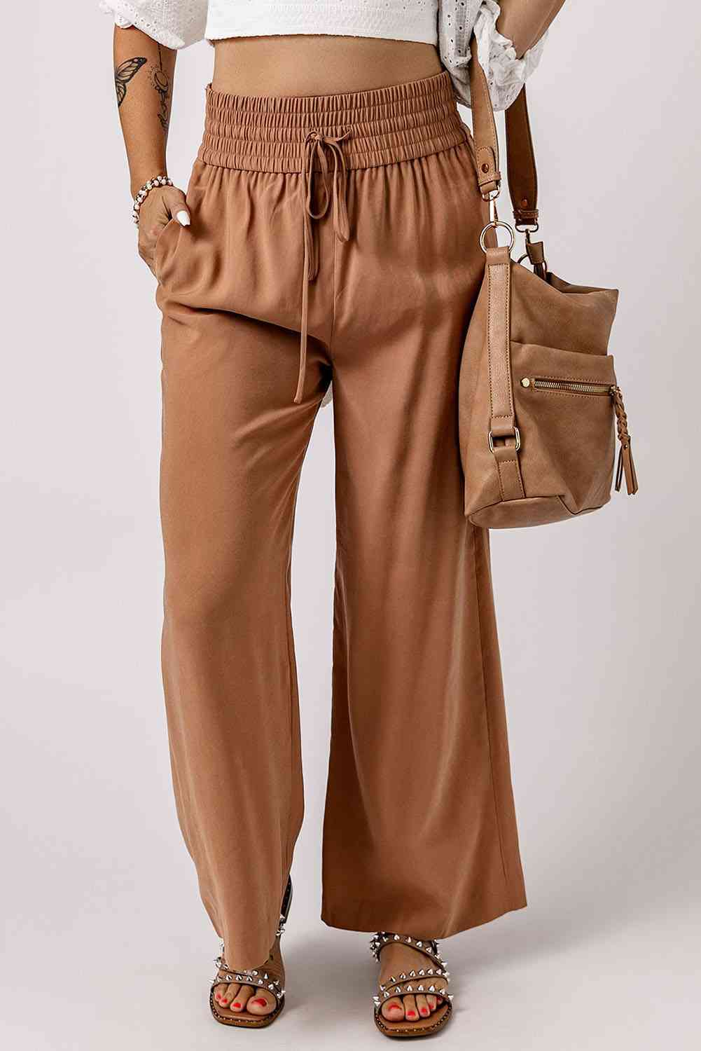 Drawstring Smocked Waist Wide Leg Pants - Pahabu - Women's Clothing & Shop