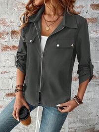 Zip Up Collared Neck Roll-Tab Sleeve Jacket - Pahabu - Women's Clothing & Shop