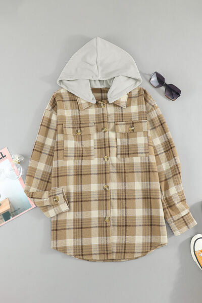 Plaid Button Up Long Sleeve Hooded Jacket - Pahabu - Women's Clothing & Shop