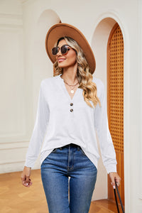 Buttoned Notched Neck Long Sleeve Top - Pahabu - Women's Clothing & Shop