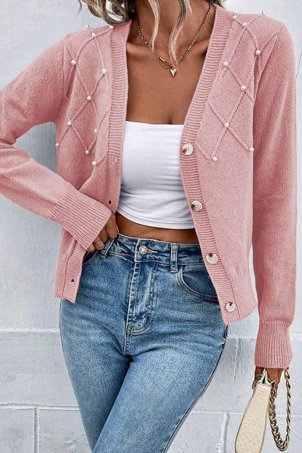 Beaded V-Neck Button Up Long Sleeve Cardigan - Pahabu - Women's Clothing & Shop
