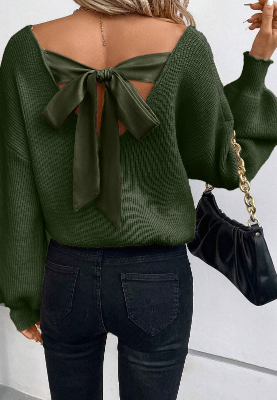 Tied Back V-Neck Long Sleeve Sweater - Pahabu - Women's Clothing & Shop