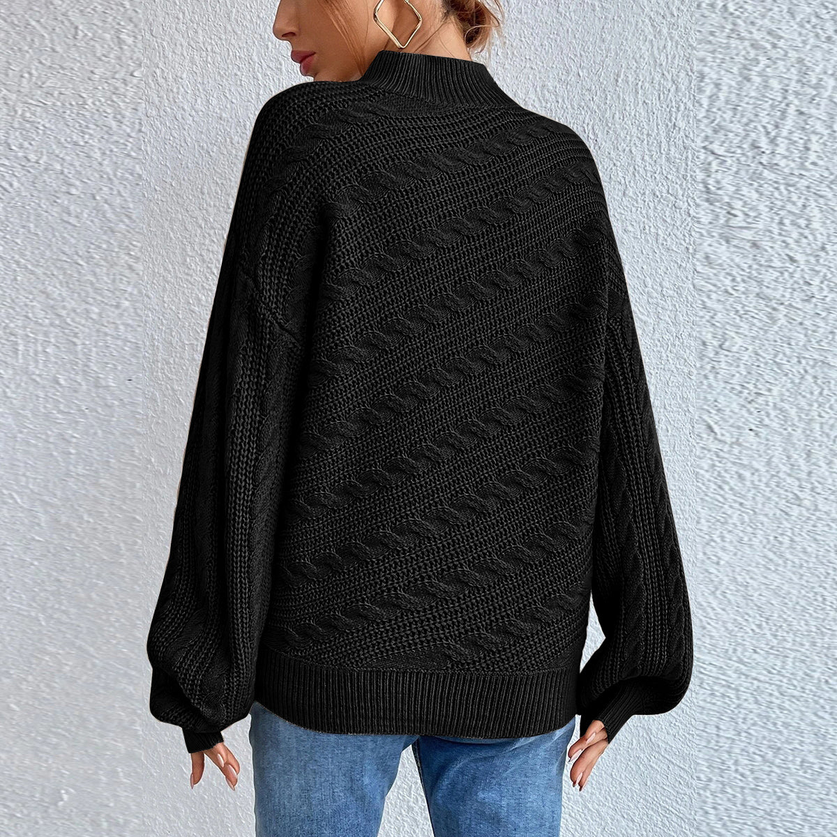 Cable-Knit Mock Neck Long Sleeve Sweater - Pahabu - Women's Clothing & Shop