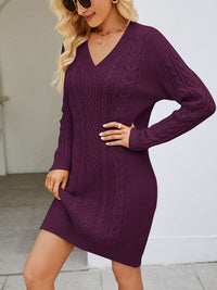 Cable-Knit V-Neck Mini Sweater Dress - Pahabu - Women's Clothing & Shop