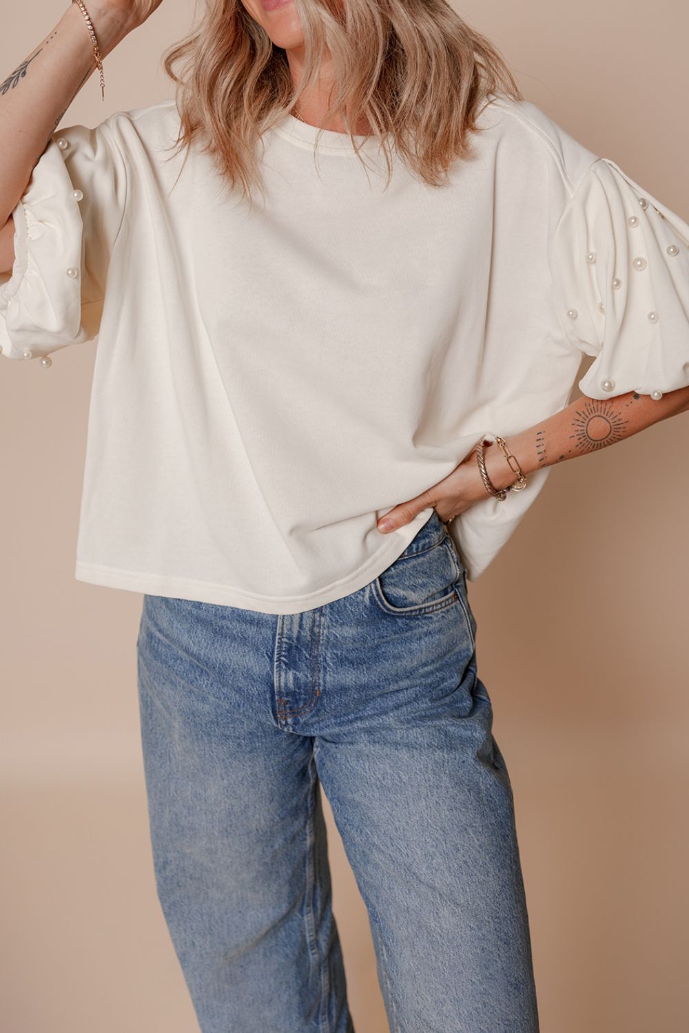 Pearl Detail Round Neck Half Sleeve Blouse - Pahabu - Women's Clothing & Shop