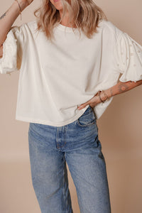 Pearl Detail Round Neck Half Sleeve Blouse - Pahabu - Women's Clothing & Shop