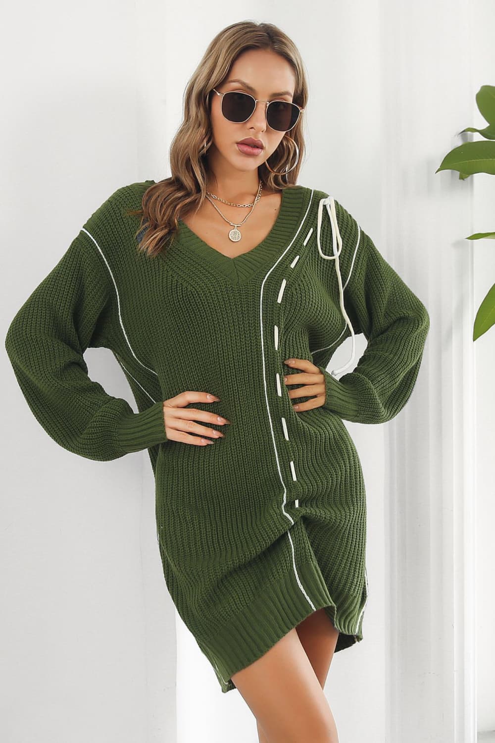 Contrast V-Neck Sweater Dress - Pahabu - Women's Clothing & Shop