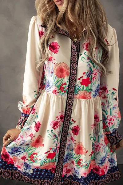 Flower Button Down Lantern Sleeve Dress - Pahabu - Women's Clothing & Shop