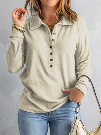 Collared Neck Half Button Top - Pahabu - Women's Clothing & Shop