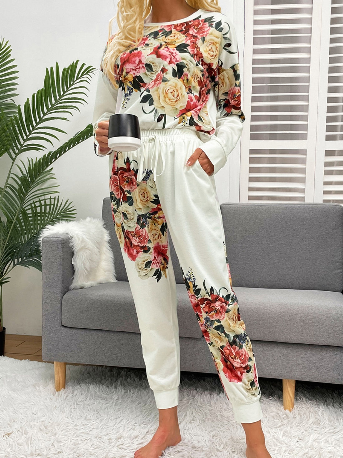 Shiny Printed Round Neck Top and Pants Lounge Set - Pahabu - Women's Clothing & Shop
