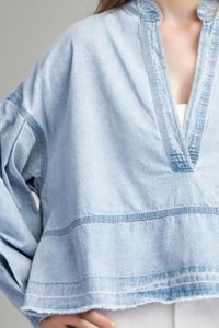 Slit Raw Hem Notched Denim Top - Pahabu - Women's Clothing & Shop