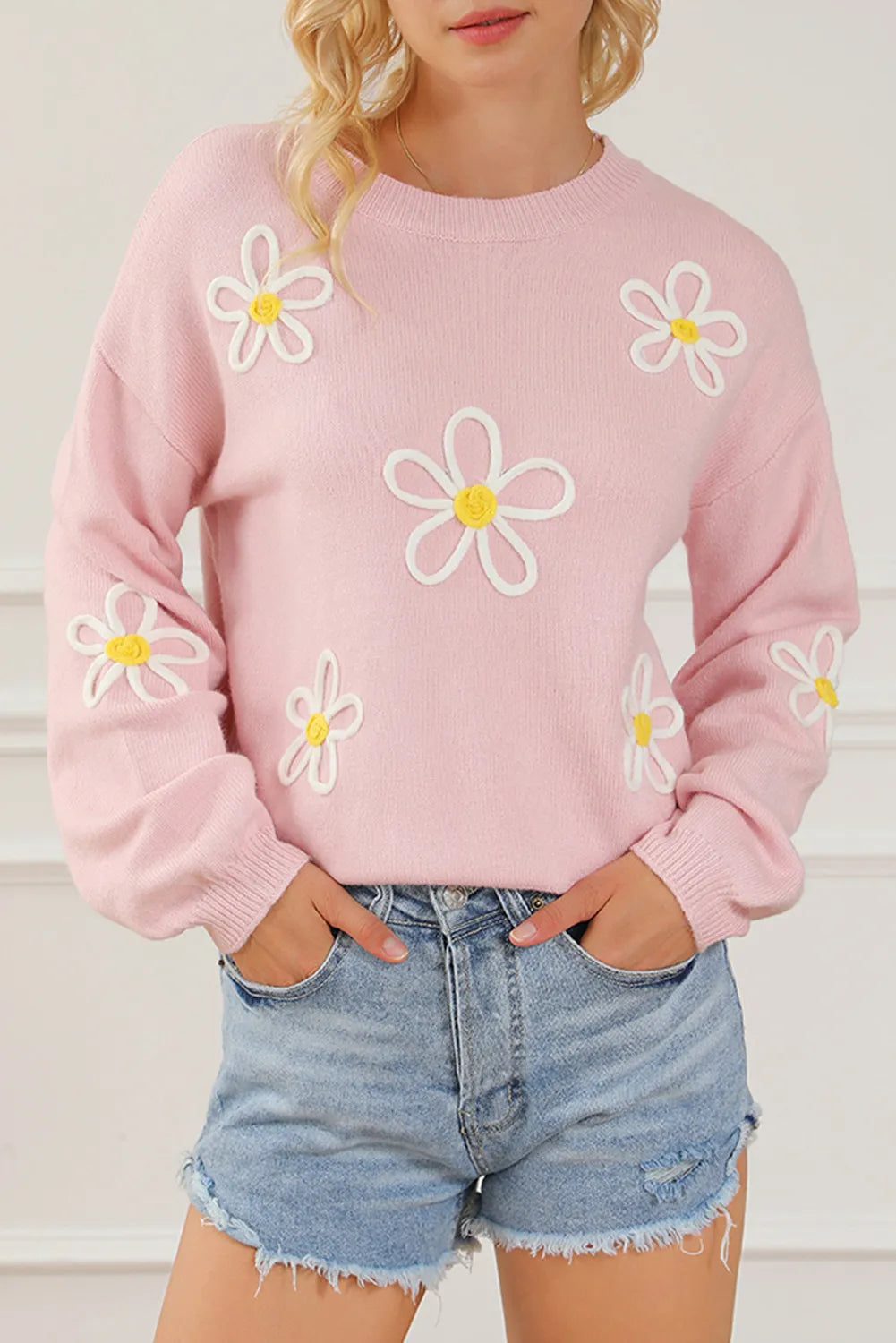Flower Round Neck Dropped Shoulder Sweater - Pahabu - Women's Clothing & Shop