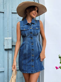 Pocketed Button Up Sleeveless Denim Dress - Pahabu - Women's Clothing & Shop