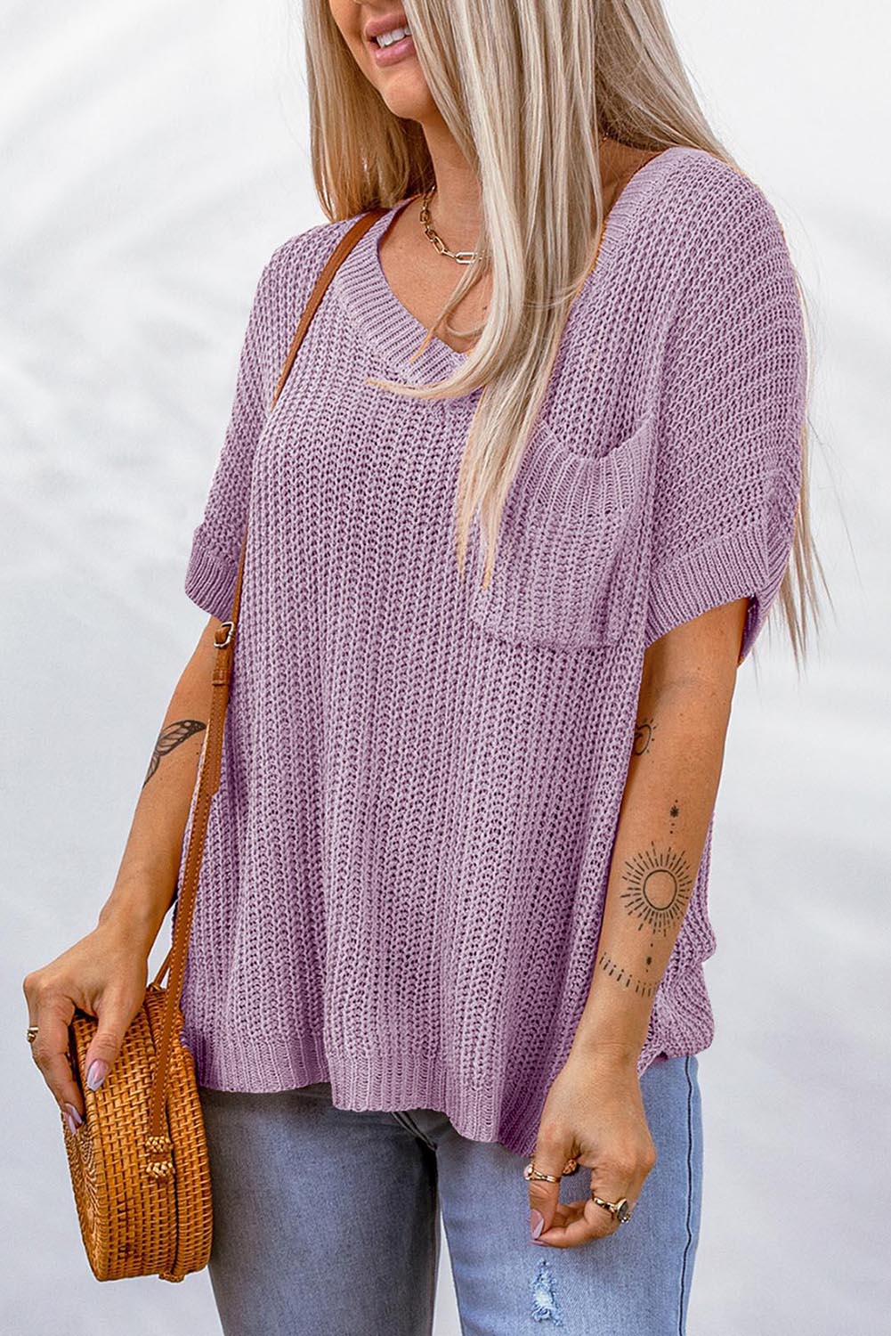 Side Slit V-Neck Short Sleeve Sweater - Pahabu - Women's Clothing & Shop