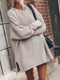 Openwork Round Neck Long Sleeve Slit Sweater - Pahabu - Women's Clothing & Shop