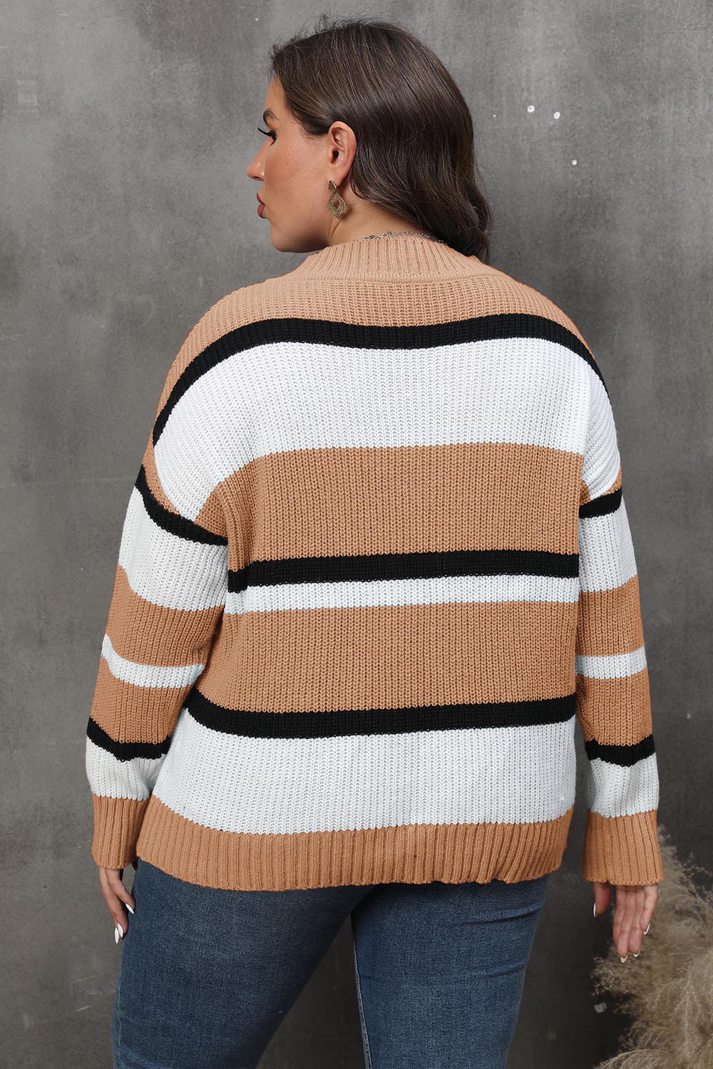 Plus Size Striped V-Neck Dropped Shoulder Sweater - Pahabu - Women's Clothing & Shop
