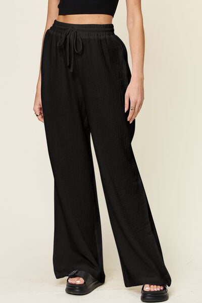 Double Take Full Size Texture Drawstring Wide Leg Pants - Pahabu - Women's Clothing & Shop
