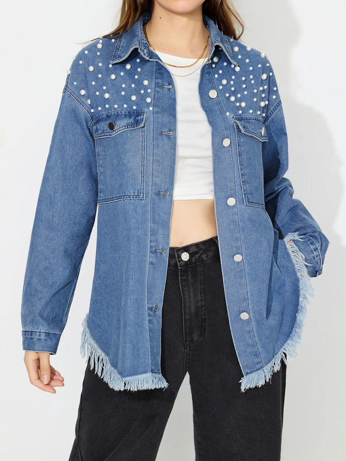 Raw Hem Pearl Trim Collared Neck Denim Top - Pahabu - Women's Clothing & Shop