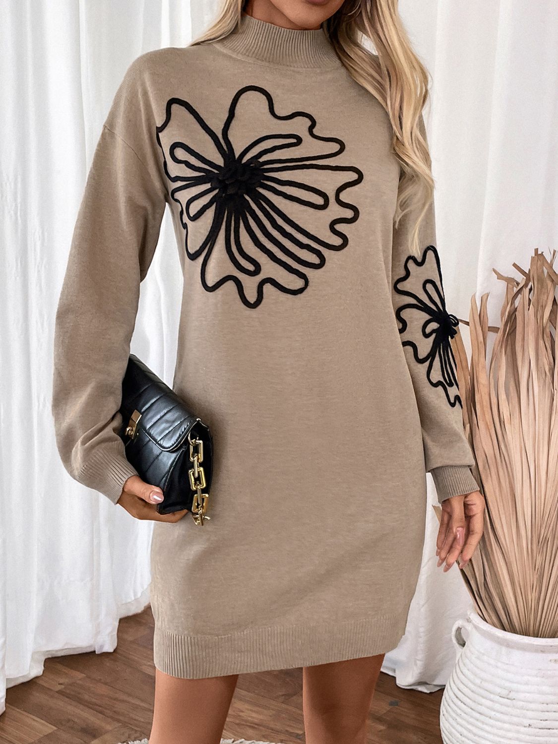 Perfee Flower Mock Neck Long Sleeve Sweater Dress - Pahabu - Women's Clothing & Shop