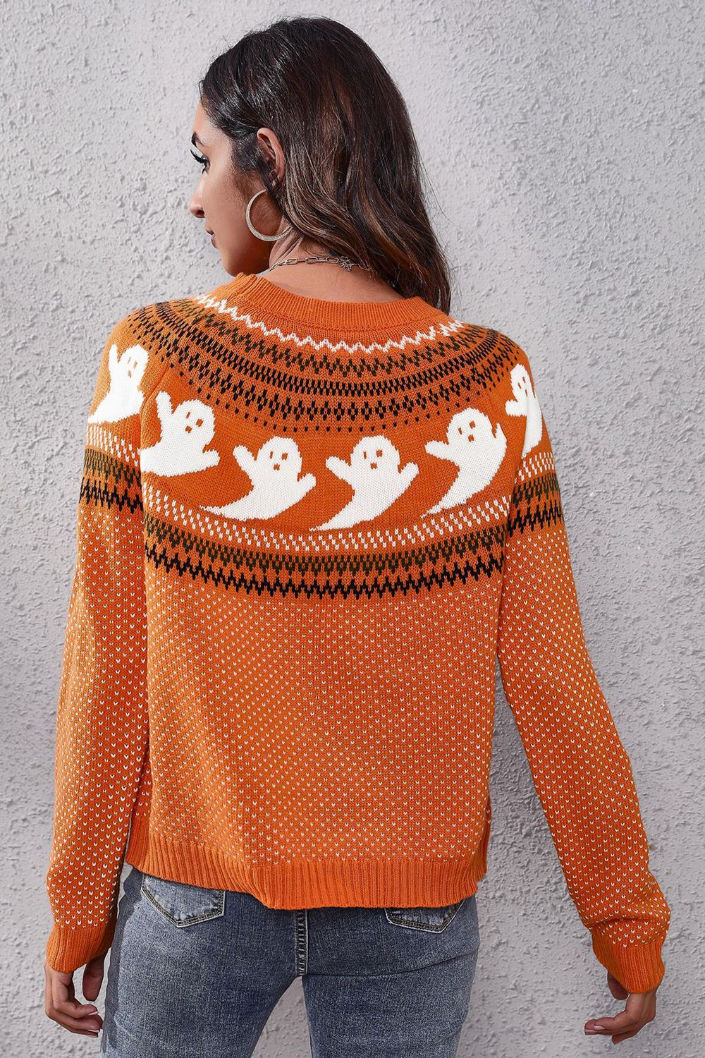 Ghost Pattern Round Neck Long Sleeve Sweater - Pahabu - Women's Clothing & Shop