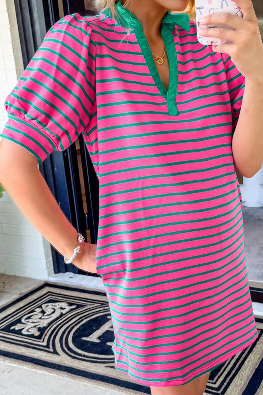 Oh Striped Johnny Collar Puff Sleeve Mini Tee Dress - Pahabu - Women's Clothing & Shop