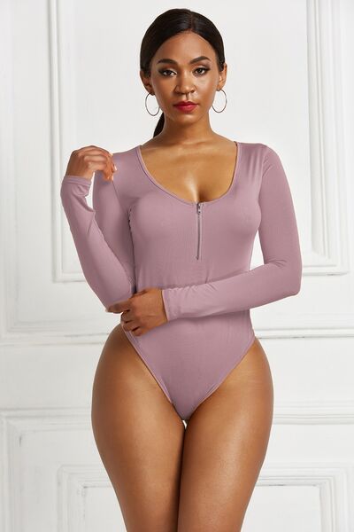 Half Zip Scoop Neck Long Sleeve Bodysuit - Pahabu - Women's Clothing & Shop