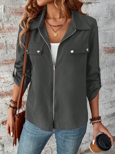 Zip Up Collared Neck Roll-Tab Sleeve Jacket - Pahabu - Women's Clothing & Shop