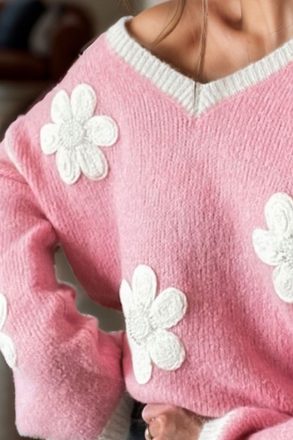 Flower V-Neck Dropped Shoulder Sweater - Pahabu - Women's Clothing & Shop
