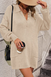 Collared Neck Long Sleeve Sweater Dress with Pockets - Pahabu - Women's Clothing & Shop