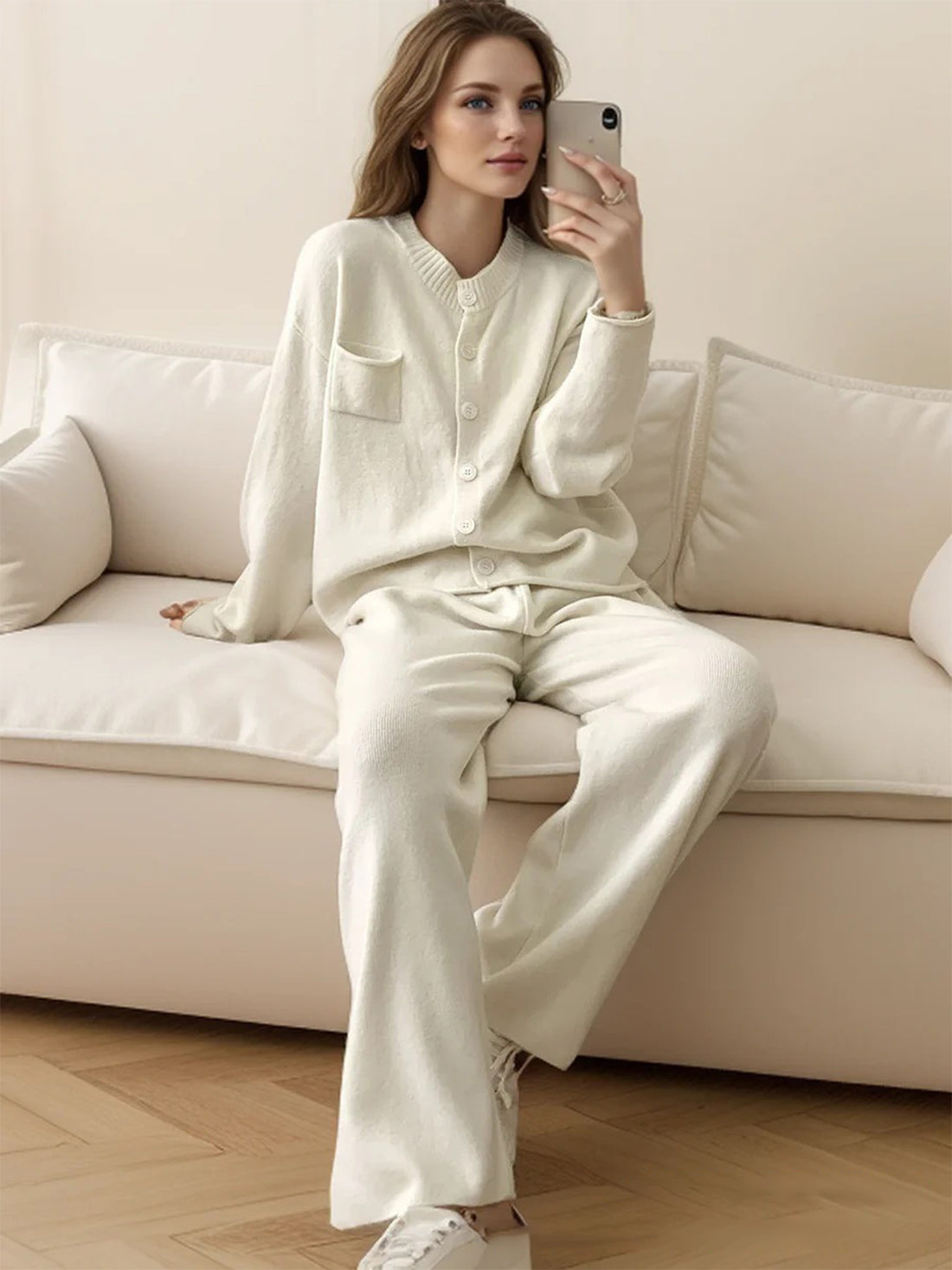 Pocketed Round Neck Button Up Cardigan and Pants Sweater Set - Pahabu - Women's Clothing & Shop