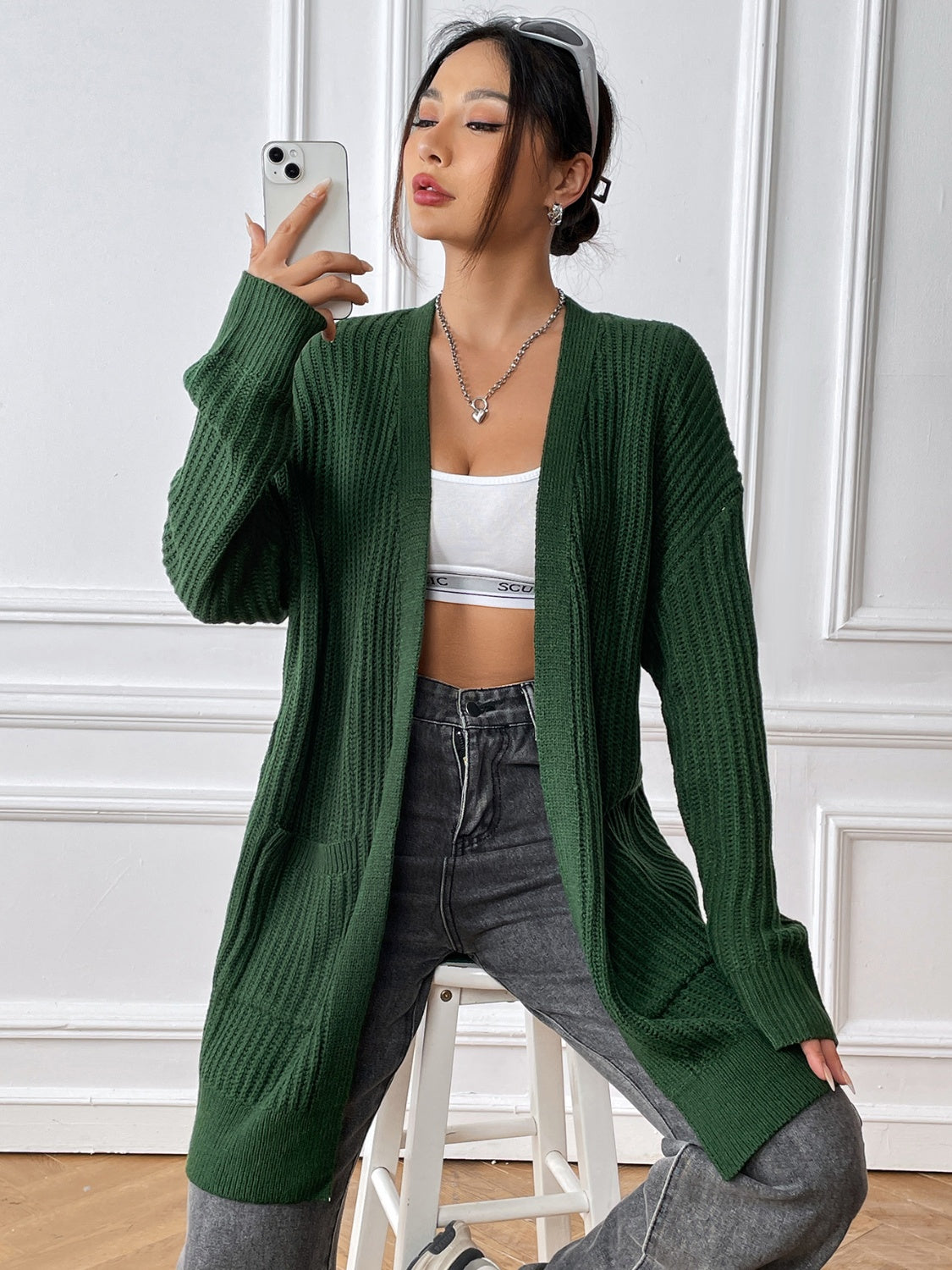 Open Front Long Sleeve Cardigan - Pahabu - Women's Clothing & Shop