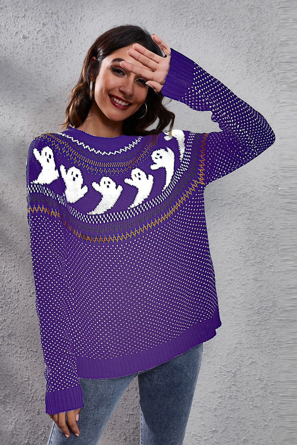 Ghost Pattern Round Neck Long Sleeve Sweater - Pahabu - Women's Clothing & Shop