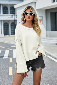 High-Low Slit Round Neck Long Sleeve Sweater - Pahabu - Women's Clothing & Shop