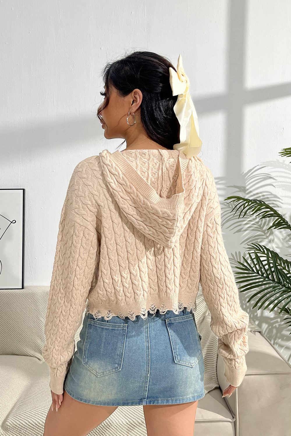 Cable-Knit Dropped Shoulder Hooded Sweater - Pahabu - Women's Clothing & Shop