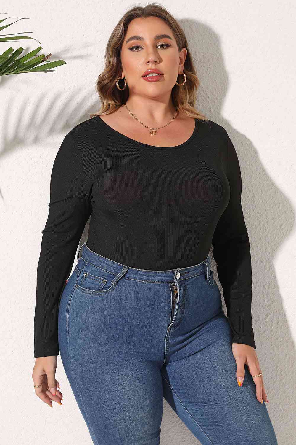 Plus Size Round Neck Long Sleeve Bodysuit - Pahabu - Women's Clothing & Shop