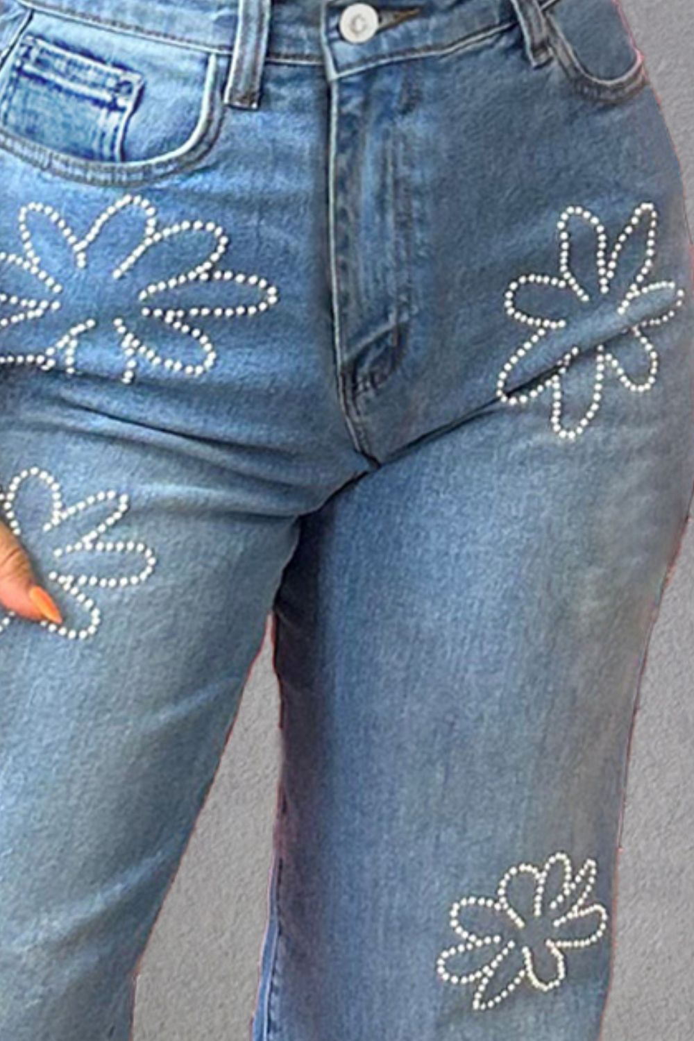 Rhinestone Straight Jeans with Pockets - Pahabu - Women's Clothing & Shop