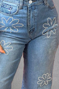 Rhinestone Straight Jeans with Pockets - Pahabu - Women's Clothing & Shop