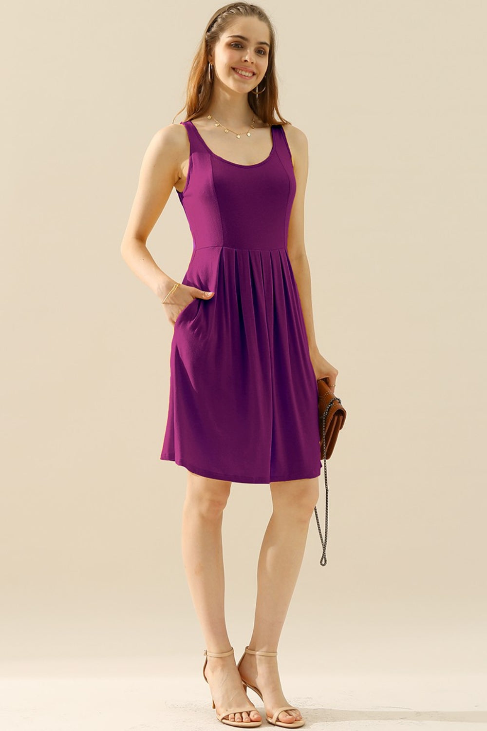 Doublju Full Size Round Neck Ruched Sleeveless Dress with Pockets