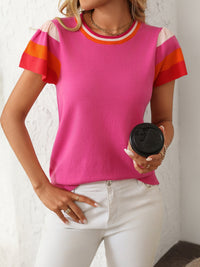 Mandy Contrast Round Neck Short Sleeve Knit Top - Pahabu - Women's Clothing & Shop