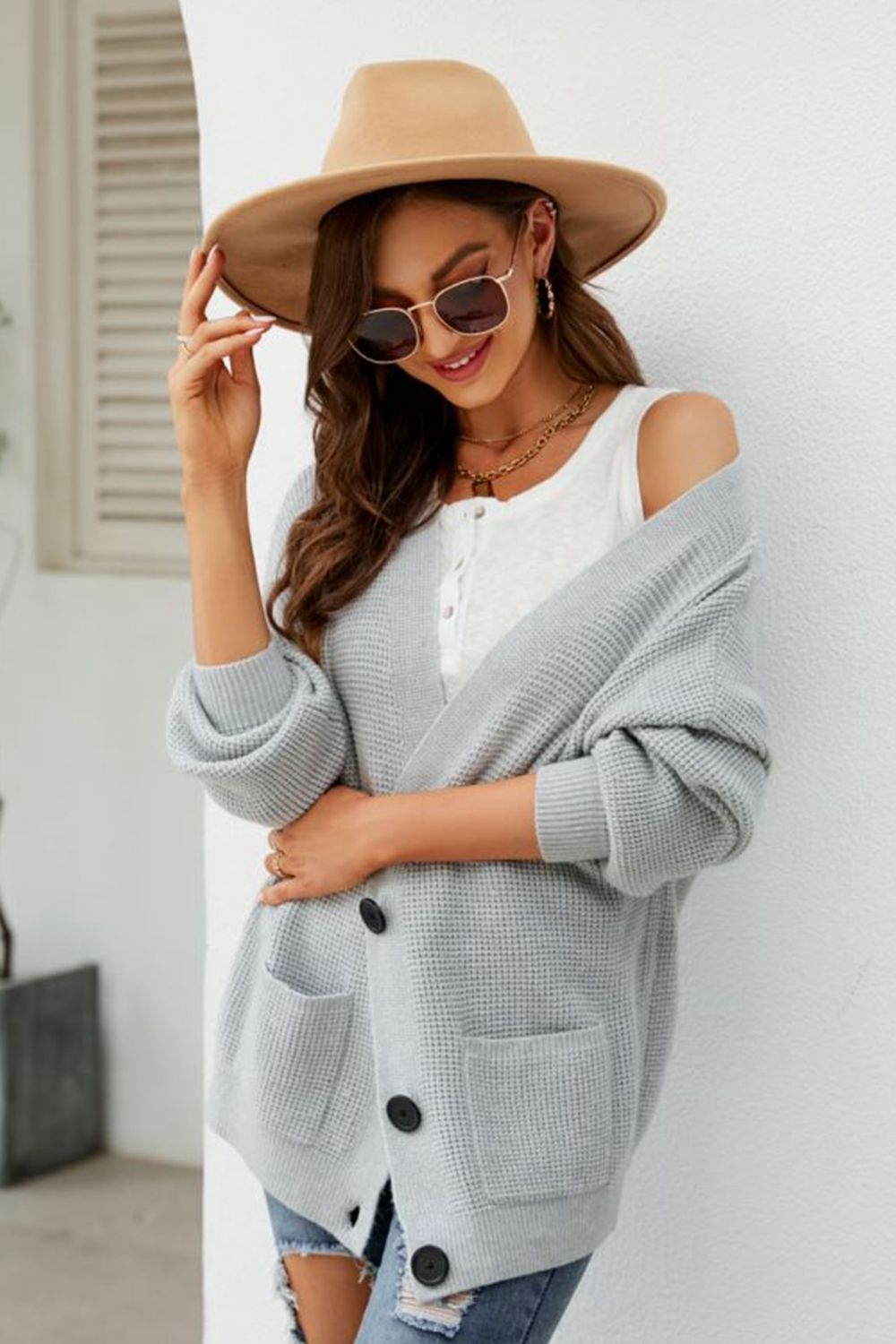 Waffle-Knit Dropped Shoulder Cardigan - Pahabu - Women's Clothing & Shop